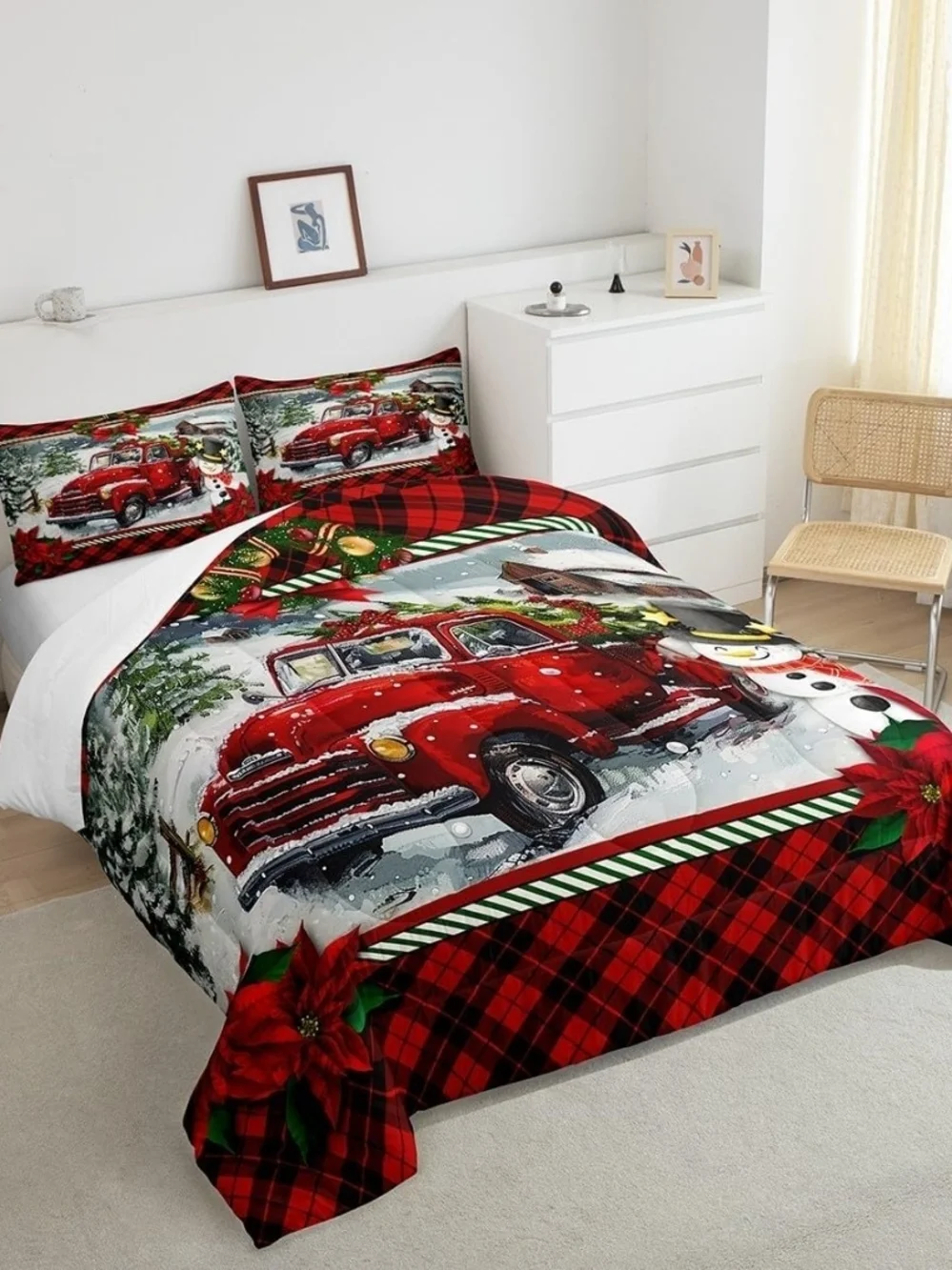 NIP King Size Christmas Plaid Red Truck Comforter & 2 Pillow Cases